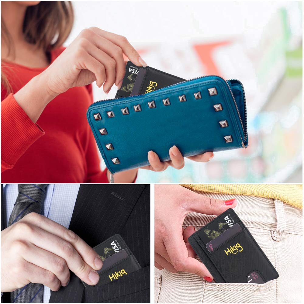 Slim Minimalist Leather Wallet RFID Blocking Money Clip Front Pocket Credit Card Holder Men Women Mini Wallet (Black)