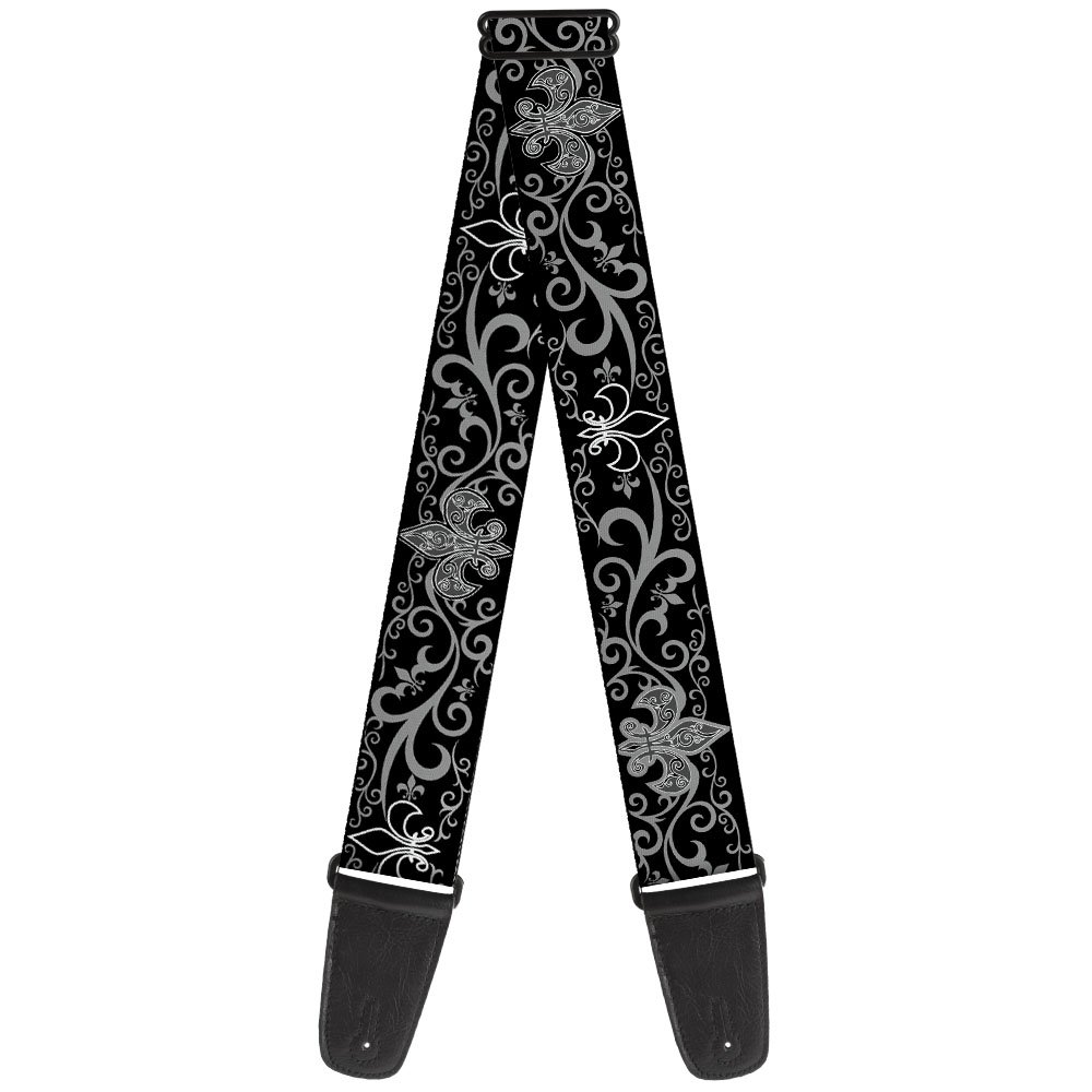 buckle-down GS-W30611 Guitar Strap - Fleur de Lis with Filigree 2" Wide & 29-54" Length, Black/Grey