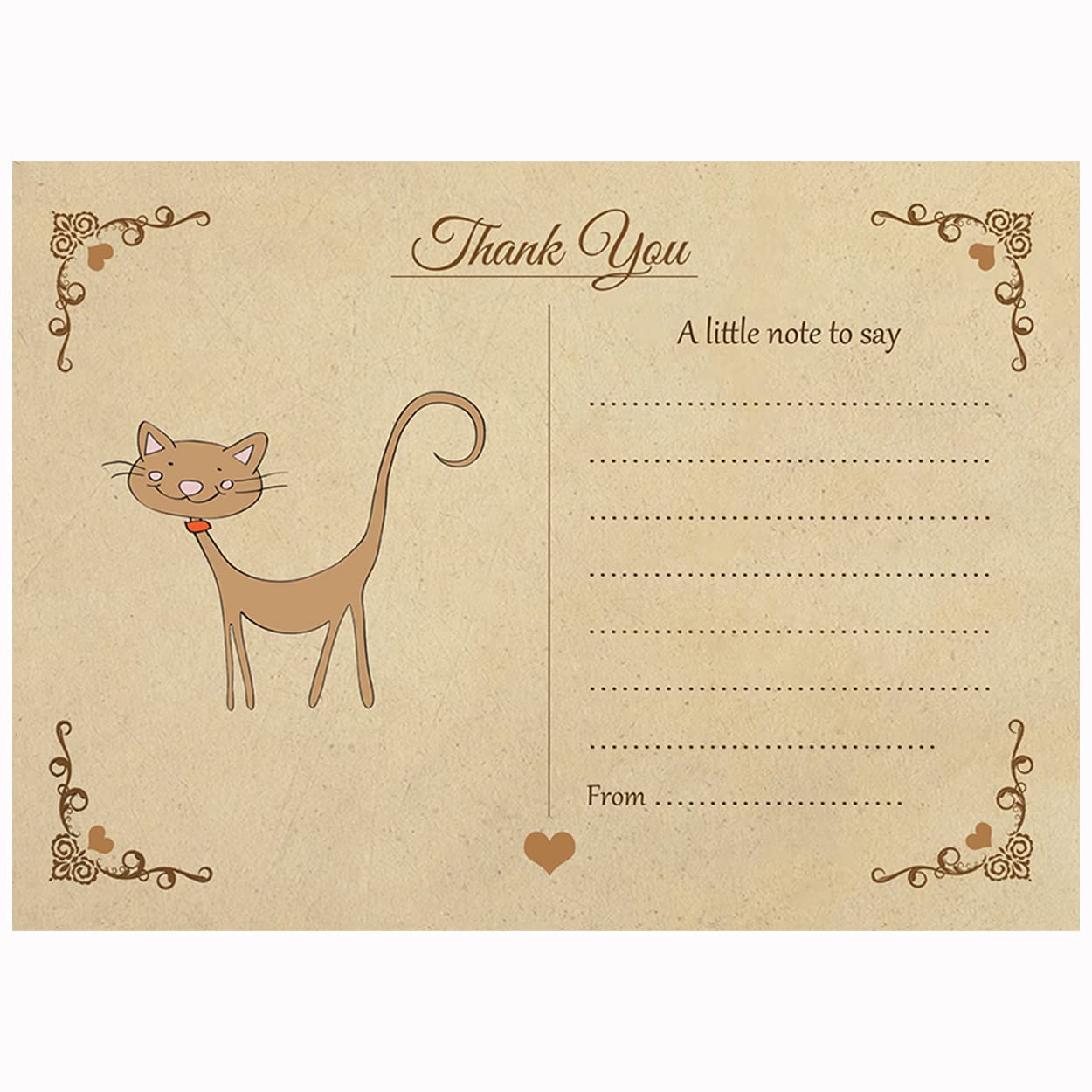 Artstore Vintage Cat Thank You Note Cards With Brown Kraft Envelopes - Pack of 15