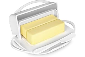 Butterie Flip-Top Butter Dish with Lid & Matching Knife, Holds 2 Sticks/European Butter, No-Mess Butter Holder, Shatterproof, Dishwasher Safe, White