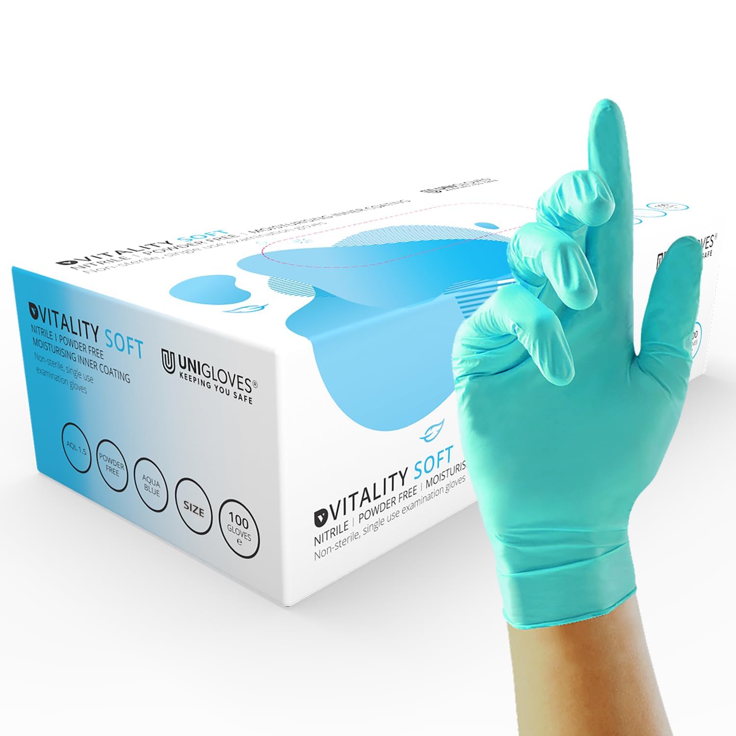 Unigloves Vitality Nitrile GD0051 Moisturising Examination - Multipurpose, Powder and Latex Free Disposable Gloves, Box of 100 Gloves, Aqua Blue, Extra Small
