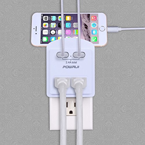 Multi Outlet, Wall Outlet, POWRUI 2-Pack Mini Wall Mount Adapter Surge Protector 1080 Joules with Dual USB Charger Ports(2.4A Total), Dual Outlet Extender and Top Phone Holder, White, ETL Certified - Thumbnail 2
