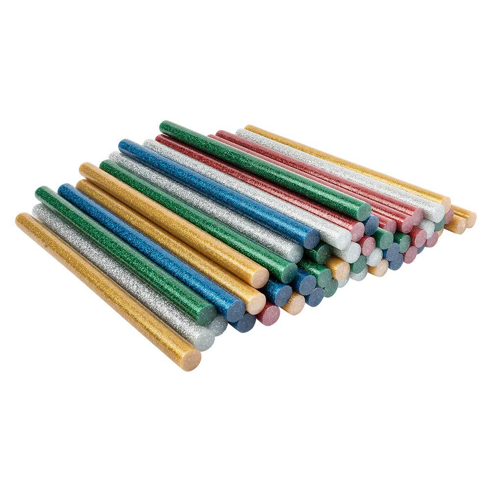 Universal hot glue cartridges, hot glue sticks for large hot glue guns, hot glue sticks, diameter 11 mm, 20 cm long, 50 pieces (5 colours with glitter, silver, gold, red, green, blue)