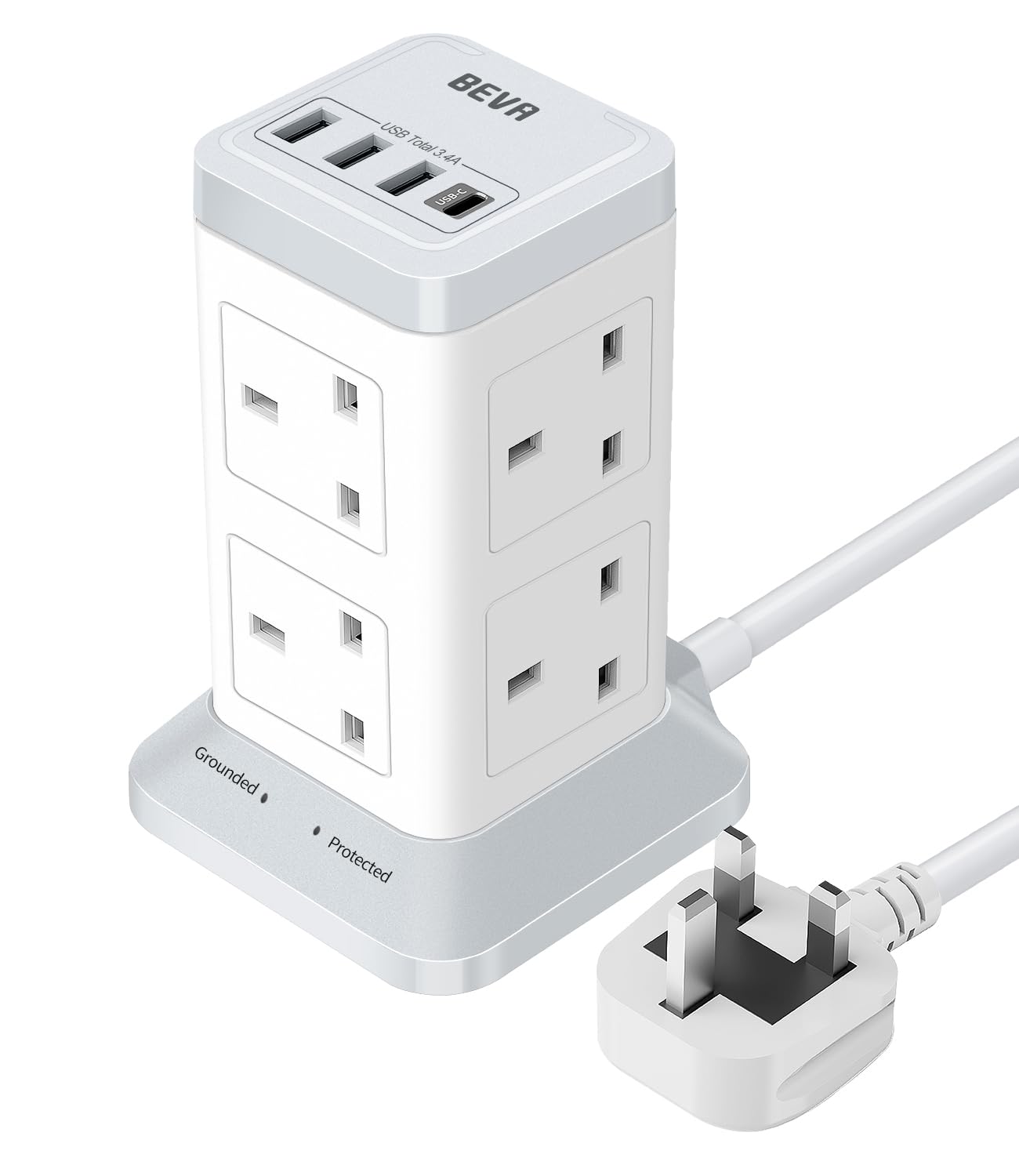 Tower Extension Lead with USB Slots 3M, BEVA 8 Way Surge Protected Extension Tower(2100J) with 1 USB-C&3 USB-A Ports, UK Plug Extension Socket with Overload Protection Switch for Home Office School…
