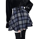 Kinghua Womens Warm Wool Plaid Mini Skirts High Waisted Lace Up Pleated Skater Skirts