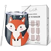 NymphFable 12oz Fox Wine Tumbler with Lid and Straw Insulated Stainless Steel Fox Cups