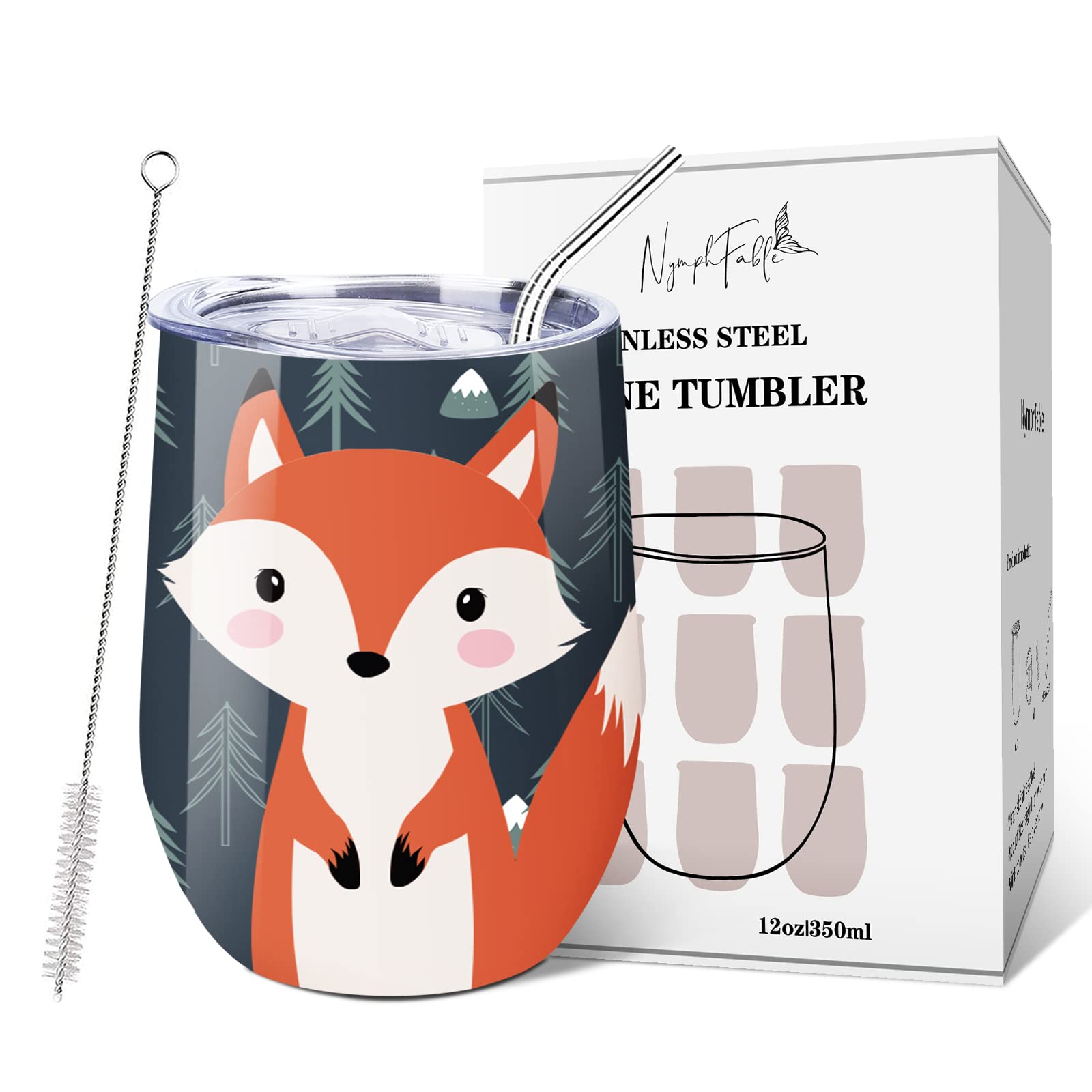 NymphFable 350ml Fox Travel Coffee Mug Insulated Wine Tumbler with Lid and Straw Stainless Steel Fox Coffee Cups