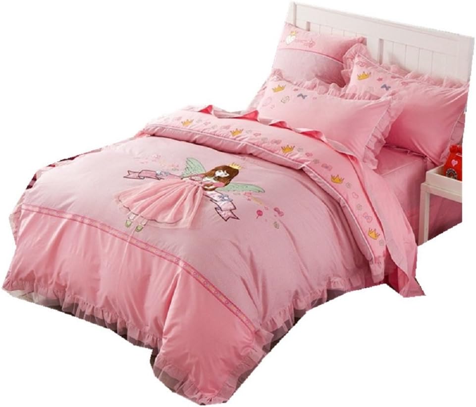 JIBUTENG 100% Cotton Princess Lace Little Point Duvet Cover Set, Teen Girls Embroidery Cartoon Bedding Set Pink Flat Sheet Twin Size 3Pcs(Twin)