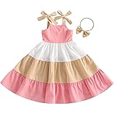 MoZiKQin Toddler Little Baby Girl Dress Suspender Strap Color Block Dresses Princess Beach Summer Sundress with Headband
