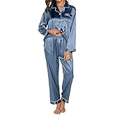 Silk Pajamas for Women Set Long Sleeve Satin Pj Set Two Piece Soft Sleepwear Classic Button Down Loungewear with Pockets