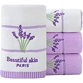 Pidada Hand Towels Set of 4 Lavender Floral Pattern 100% Cotton Soft Absorbent Decorative Towels for Bathroom (2 White 2 Purple)