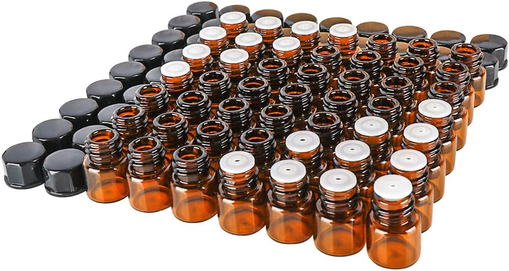 50 pack 1 ml 1/4 Dram Mini Amber Glass Essential Oils Sample Bottles with Black Caps for Essential Oils,Chemistry Lab Chemicals,Colognes & Perfumes.3 plastic droppers as gift.