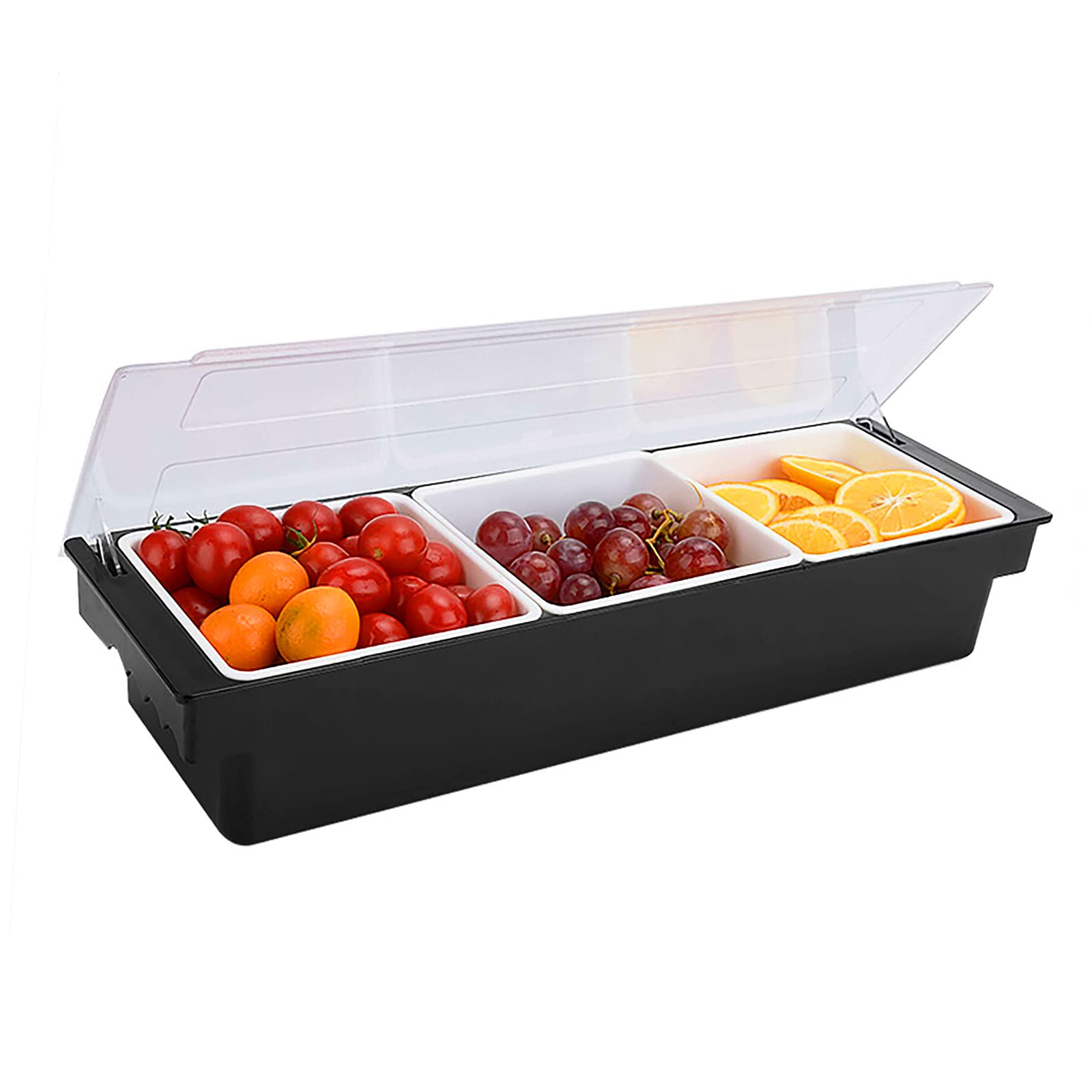 Photo 1 of POWLAB Ice Cooled Condiment Serving Container Fruit Veggie Condiment Caddy Plastic Garnish Station with Lid for Fruit,Ice Cream,Salad Bar-Topping Organizer for Restaurant Supplies (3 Compartments)