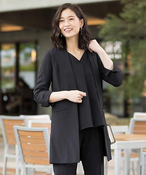 Amazon Nissen ニッセン コート ジャケット 洗濯機洗いok 長袖 変り織リスピィシリーズ すごく伸びる多機能ノーカラーコート ジャケット 上下別売り レディーススーツ 黒 L レディース コート ジャケット 通販