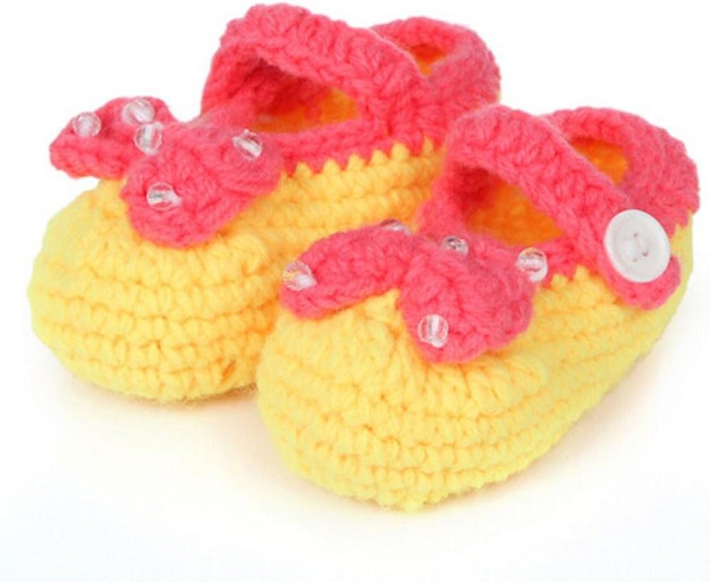 Koly Newborn Baby Girls Crib Crochet Handmade Knit Sock Infant Rose Prewalker Shoes 0 -12 month (Yellow)