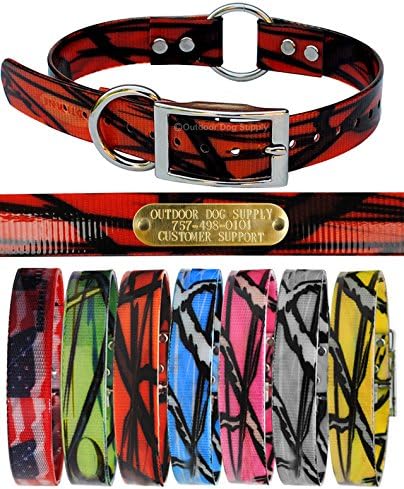 Outdoor Dog Supply's 1" Wide Pattern Ring in Center Dog Collar Strap with Custom Brass Name Plate (21" Long, Gray Camo)