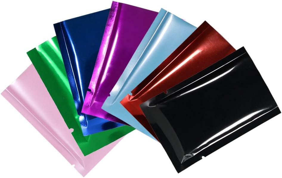 Variety Sizes Mixed Colors Sample Pack Flat Open Top Resealable Tear Notch Mylar Bags (100 Bags/Pack) (4" x 6", Double-Sided Glossy)