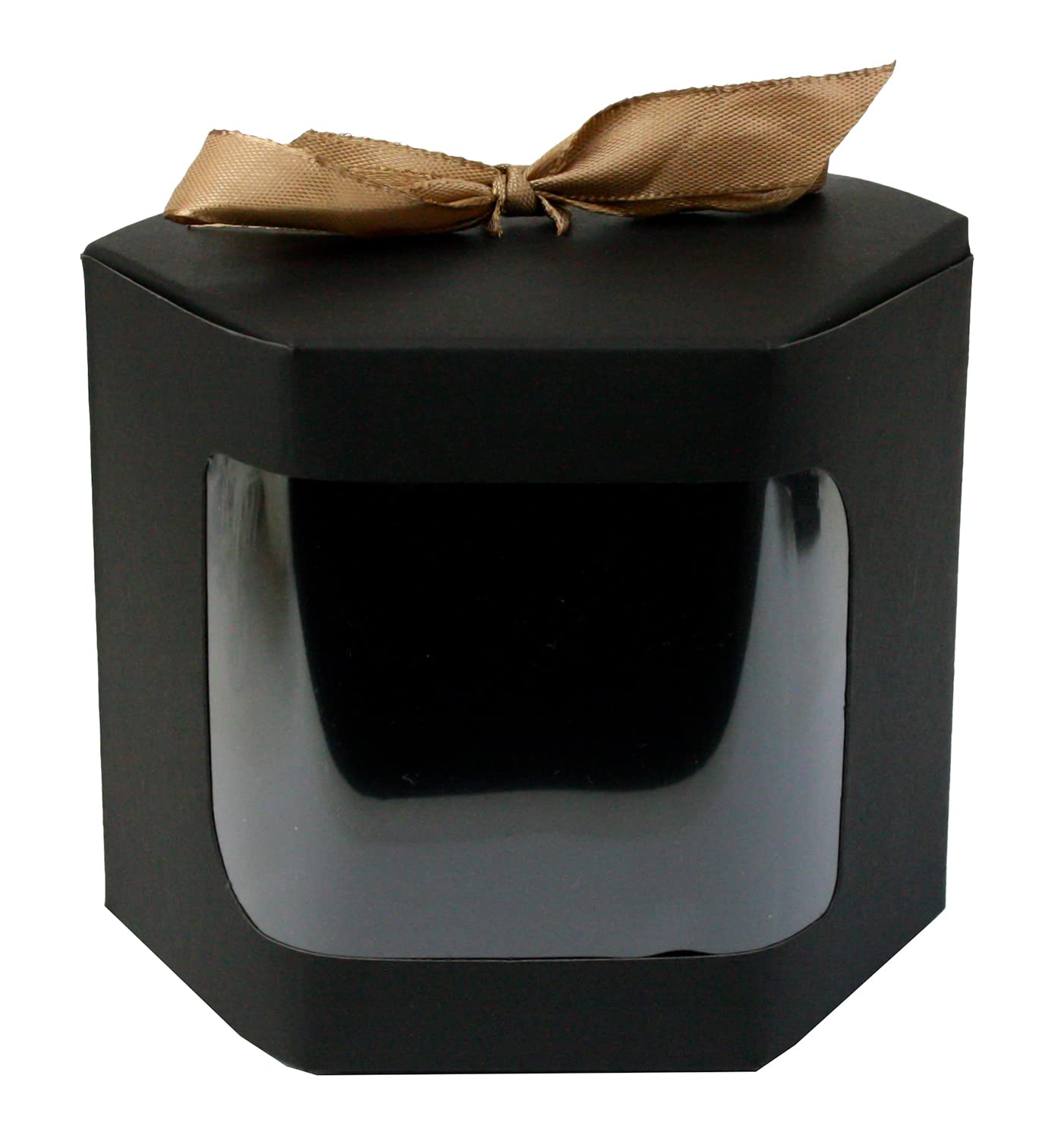 Emartbuy Strong Paper Stand Up Hexagon Gift Bag, 10 cm x 10 cm x 12 cm, Black Kraft Bag Cupcakes Cookies Muffin Pie Box with Clear Window and Ribbon - Pack of 12
