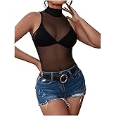 Floerns Women's Sheer Mesh Sleeveless Mock Neck Club Party Tank Top