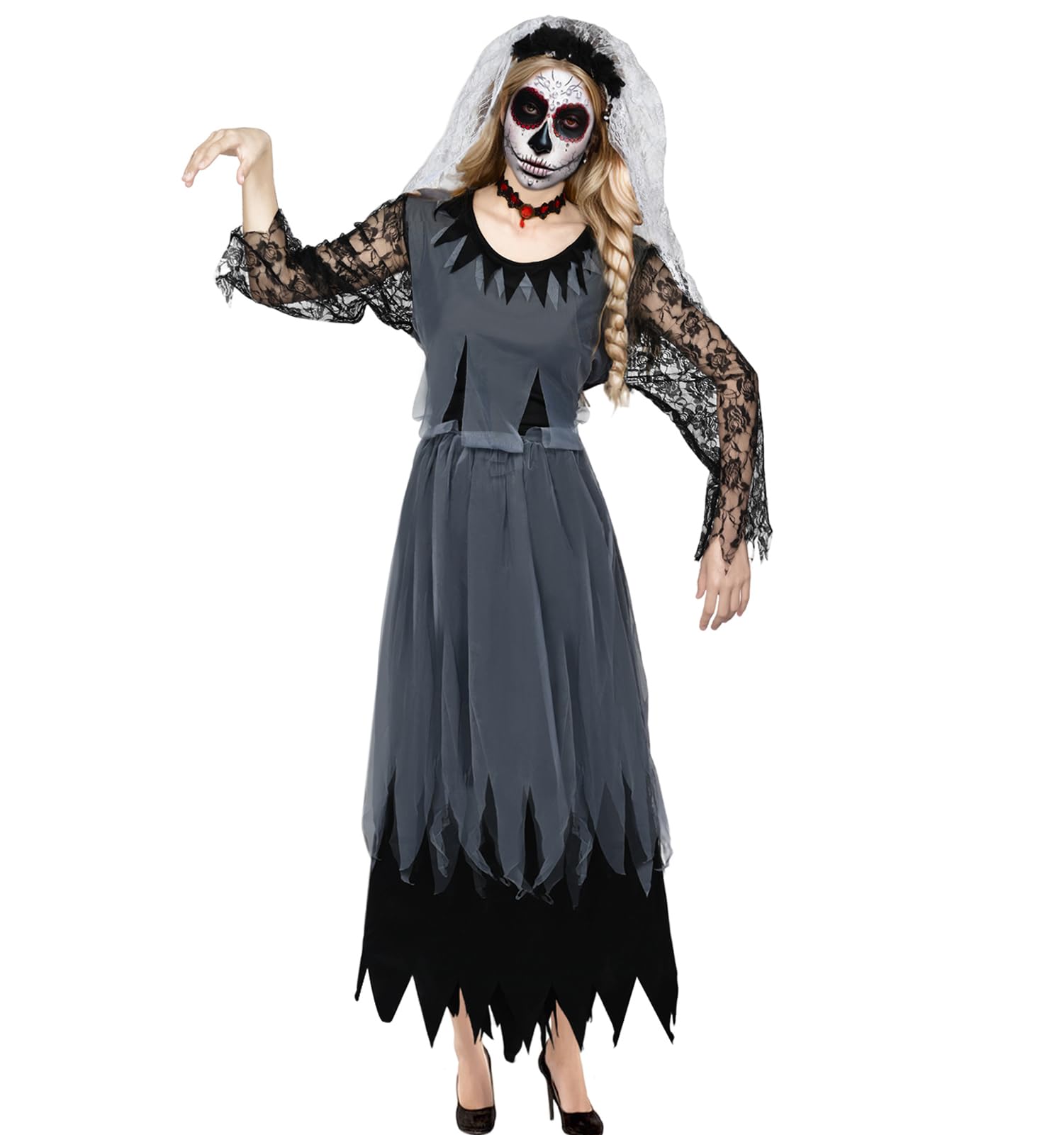 HarnyLoom Ghost Bride Halloween Women Set Black Dress, Blood Corpse Bride Adult Wedding Dress Veil Halloween Headband - Dead Zombie Bride Costume Women for Halloween Fancy Dress Party (2XL)