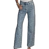 Famnbro Womens Rhinestone Jeans Baggy Y2K High Waisted Straight Wide Leg Sparkly Bling Glitter Denim Pants