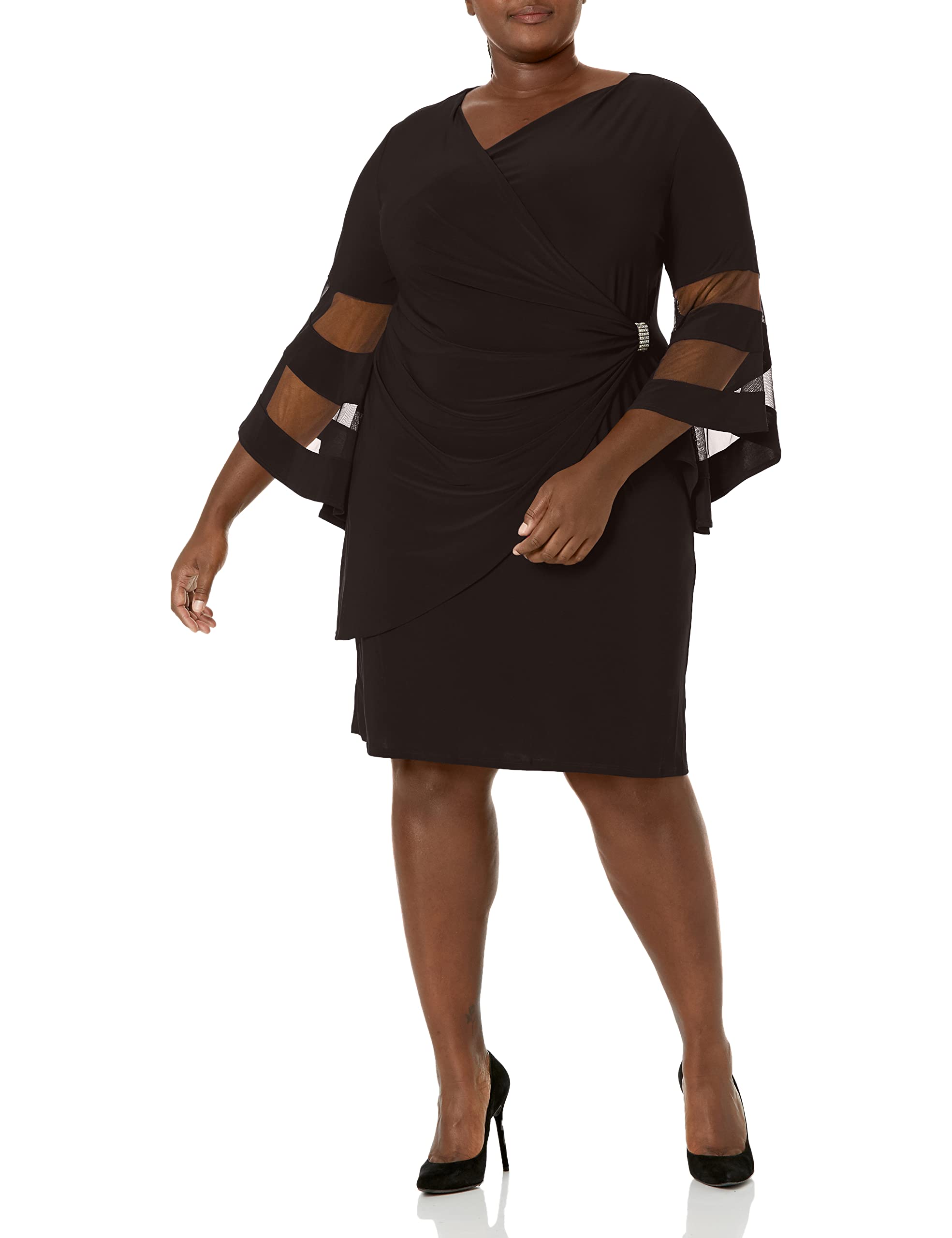 R&M Richards Women’s Petite Sheer Allure Wrap Dress, Black