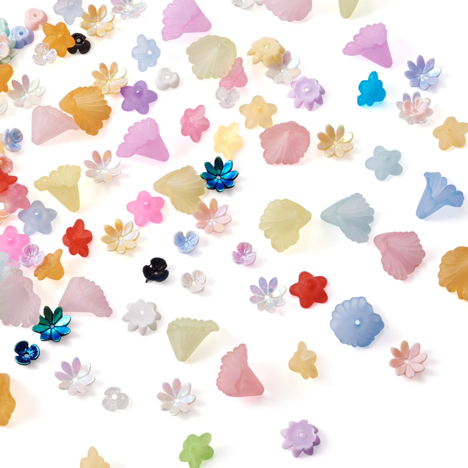 Pandahall 400Pcs Colorful Multi-Petal Flower Beads Acrylic Resin Bead Caps Loose Charms for DIY Jewelry Making Accessories