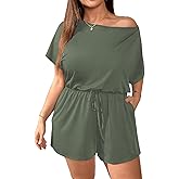 Verdusa Women's Plus Size Off The Shoulder One Piece Rompers Summer Vacation Outfits Tied Knot Short Jumpsuits with Pockets
