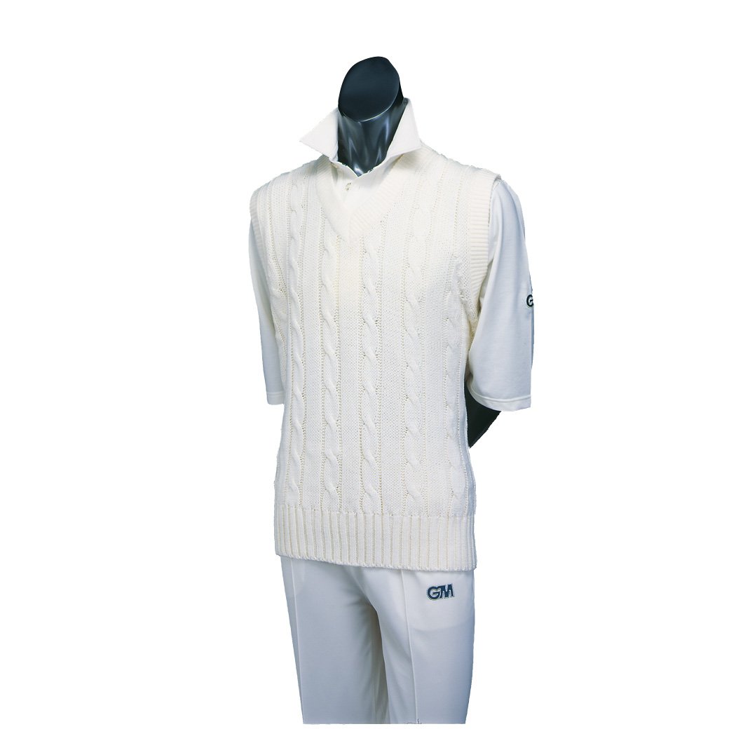 Gunn & Moore GM | Cricket Sweater Jumper | Classic Heavy Cable Knit | Sleeveless | Plain Cream | Large Junior to fit Chest 33"