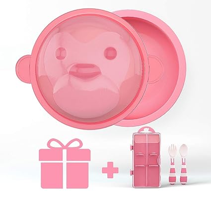 UNIH Baby Bowl and Spoon Set for Feeding Cartoon Monkey Baby Bowl with Lid Baby Fork and Baby Spoon Set with a Carry Case Baby Dinnerware Feeding Set, Perfect Baby Gift, BPA-Free(Pink)