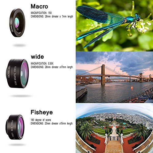 Cell Phone Camera Lens Kit 3 in 1 + Two Universal Clip On adapter 180° Fisheye 15x Macro 0.36x Super Wide For iphone Samsung Galaxy Smartphone