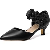 RIBONGZ Black Kitten Heels for Women Low Closed Toe Dressy Pumps Comfortable Slip On Flower Dress Shoes for Wedding Dancing Party Office Work