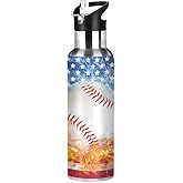 Blue Baseball US Flag Water Bottle with Straw Lid Boys Insulated Stainless Steel Water Flask Sports, 20 Oz Hot Cold