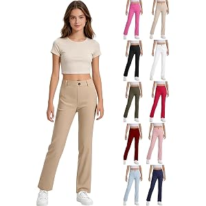 ZGTWHZY Girls Uniform Pants Kids Stretchy Elastic Waist Flare Dress Pant with Pockets for 5-16 Years School Preppy Clothes