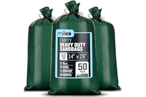 MILOO Green Heavy Duty Sand Bags for Flooding - 50 lb Empty 50 Pack of Sandbags with Tie Strings for Flood Control - 1600 Hours of UV Protection Woven Polypropylene Bags - 14 x 26 Inches