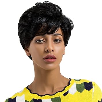 Nylsa Women Short Full Fringe Wig 9 Inch Real Human Hair Wavy