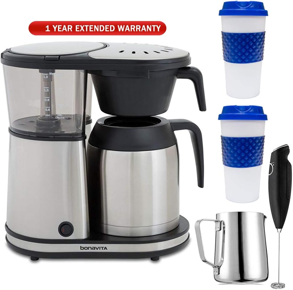 Bonavita Connoisseur 8-Cup One-Touch Coffee Brewer Feat. Hanging Filter Basket (BV1901TS) with Extended Warranty, 2X Reusable Mug, Milk Frothing Pitcher & Milk Frother Handheld Electric Foam Maker