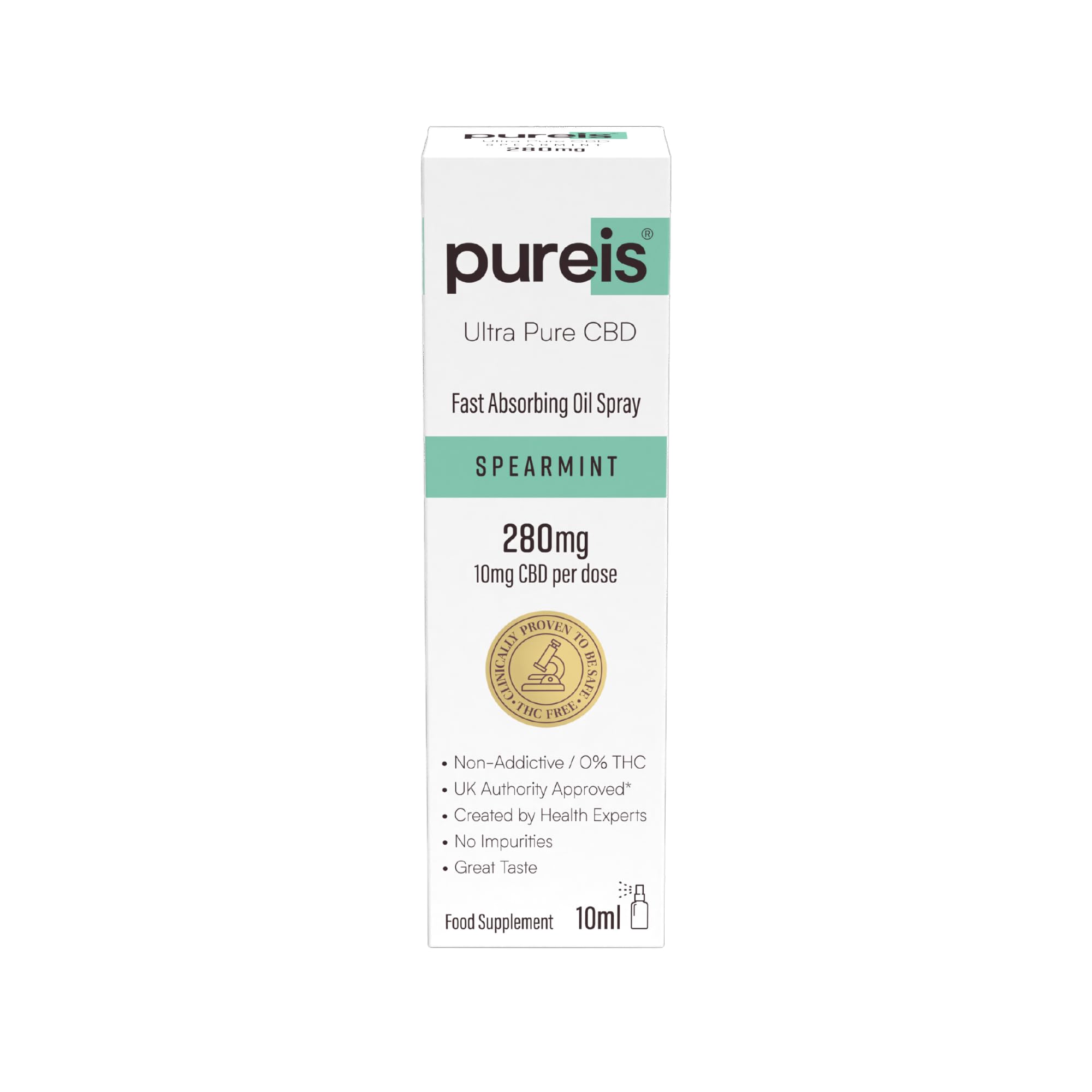 Pureis CBD Oil, Ultra Pure, Fast Absorbing - Spearmint Flavour Oral Spray - 280 mg = 10 mg of CBD per use - 0% THC, Non-Addictive, Vegan, Gluten-Free - 10 ml