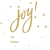 Andaz Press Christmas Round Circle Gift Sticker Labels, Faux Gold Glitter Joy On White, to from, 40-Pack, Christmas Name Tags Sticker Christmas Tag Stickers White and Gold to from Stickers