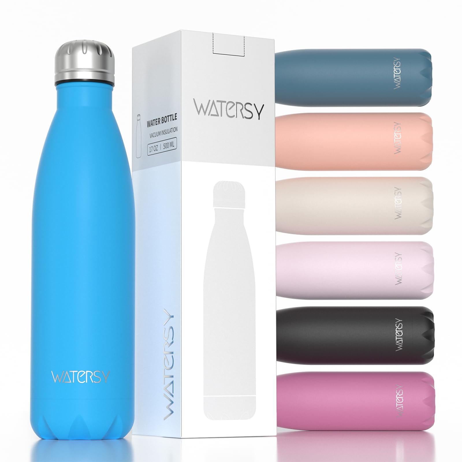 WATERSY Stainless Steel Insulated Water Bottle, Double Walled Metal Vacuum Flask Keep 24 Hrs Cold & 12 Hrs Hot Thermal Metal Sports Bottles 500ml BPA Free for Outdoor, Work, Gym, School (Blue)