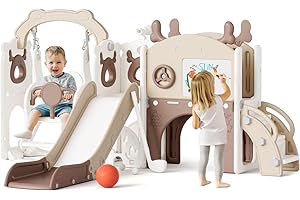 Mloong 12 in 1 Toddler Slide and Swing Set, Kids Slide for Toddlers 1-3 Years Old Baby, Indoor Outdoor with Basketball Hoop Drawing Golf for Kids Easy Assembly(Beige & Rosy Brown)(82×67×41in)