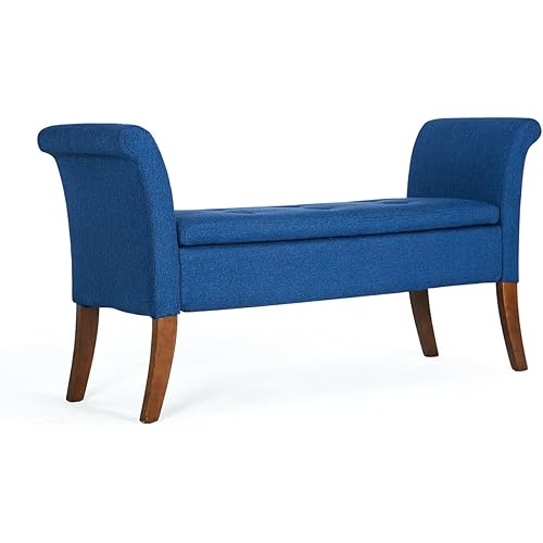 BELLEZE Modern Storage Couch Living Room Bench Upholstered Settee Tufted Button with Wooden Legs, Blue