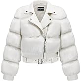 GRAN ORIENTE Women's Moto Style Cropped Faux Fur Jacket,Faux Leather Belted Biker Coat,Zip Up Plush Winter Outerwear