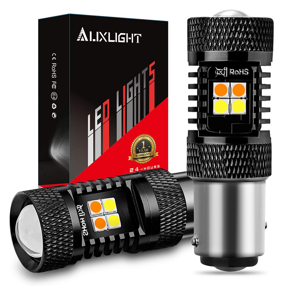 Photo 1 of AUXLIGHT 1157 2057 2357 7528 BAY15D P21/5W Switchback LED Bulbs 16SMD Chipsets Parking Lights/Daytime Running Lights/DRL and Turn Signal Lights with Projector replacement, White/Amber (Pack of 2)