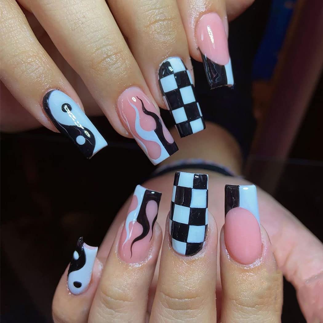 Vatocu Coffin Glossy False Nails Long Pink Fake Nails Flame Tai Chi Press on Nails Black White Full Cover Ballerina Acrylic Stick on Nails for Women and Girls (24 pcs) (Black 1) — image 1
