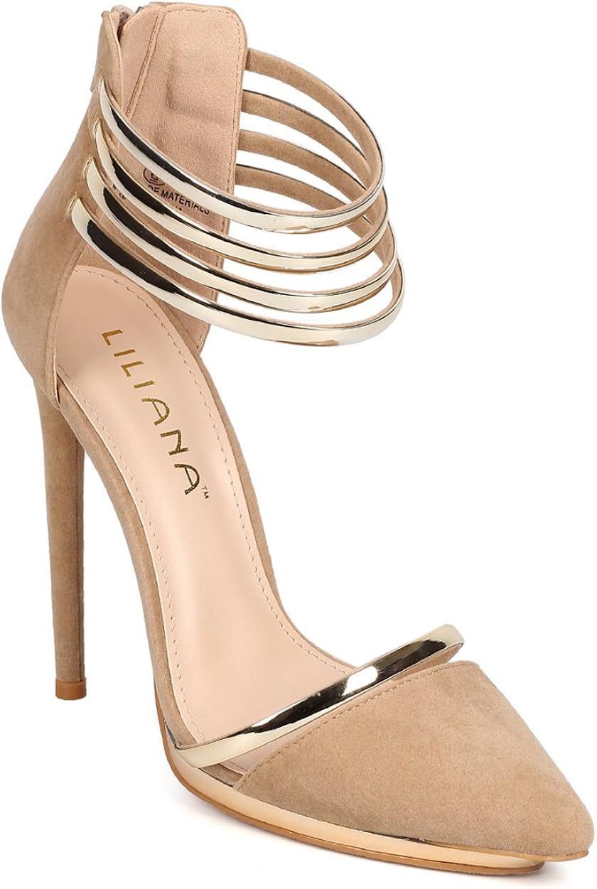 Amazon.com | Liliana Women Suede Pointy Toe Gold Metallic Strappy Ankle Cuff Platform Stiletto 