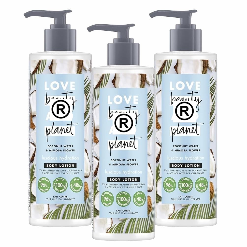 3 x Love Beauty & Planet Vegan Body Lotion | 48hr Skin Moisturiser | Coconut Water & Mimosa Flower Fragrance | Nourishing Hydration for Dry and Sensitive Skin | Eco Friendly - No Parabens | 400ml Pump