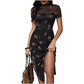 BEAUDRM Women's Mesh Asymmetrical Dress Vintage Floral Short Sleeve Lettuce Trim Sheer Midi Dresses Flared A Line Dress