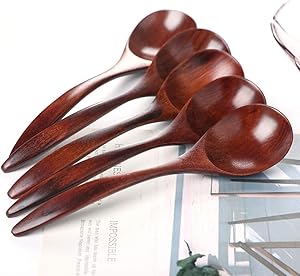 Spoons, Wooden Spoons, BEST HOUSE 6 Pieces Eco Friendly Japanese Tableware Natural Ellipse Wooden Soup Spoon Set for for Eating Mixing Stirring Cooking Coffee Demitasse Tea Dessert Kitchen