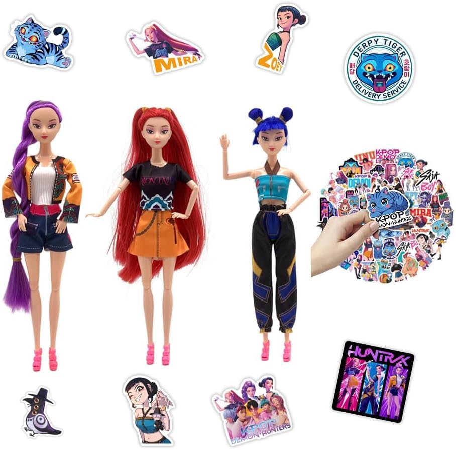 3Pack Demon Hunters Toys Dolls - Action Dolls Set, Poseable Dolls with Movable Joints, Includes Anime Style Waterproof Vinyl Stickers Oilkas (11.8 inch) - A3